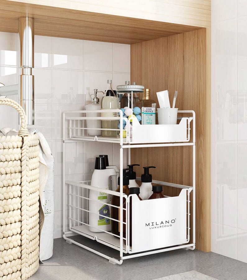 Milano Luxurious organizer lade wit– keuken ladekast – gootsteenkast organizer – opbergrek voor het aanrecht – tweelaags ladesysteem – opslag voor keukenkast of badkamerkast