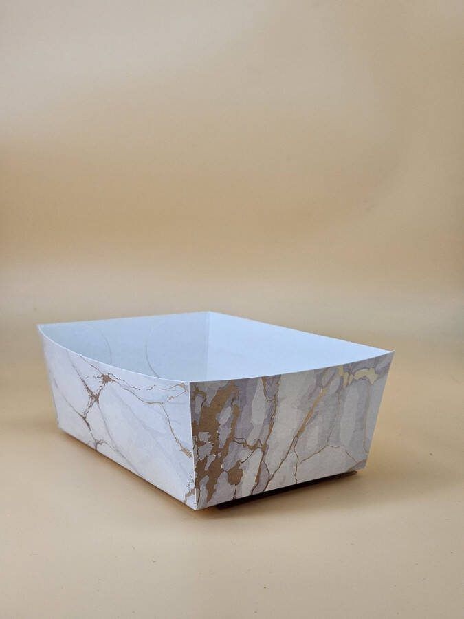 Milba verpakkingen 100 Luxe kartonnen snackbakjes met goud marmeren opdruk voor frietjes kibbeling of andere snacks- 125x85x50