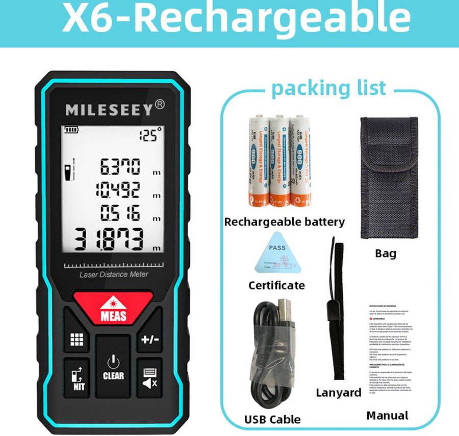 Mileseey Professionele Laser Afstandsmeter 40 Meter Bereik Oplaadbare Batterijen