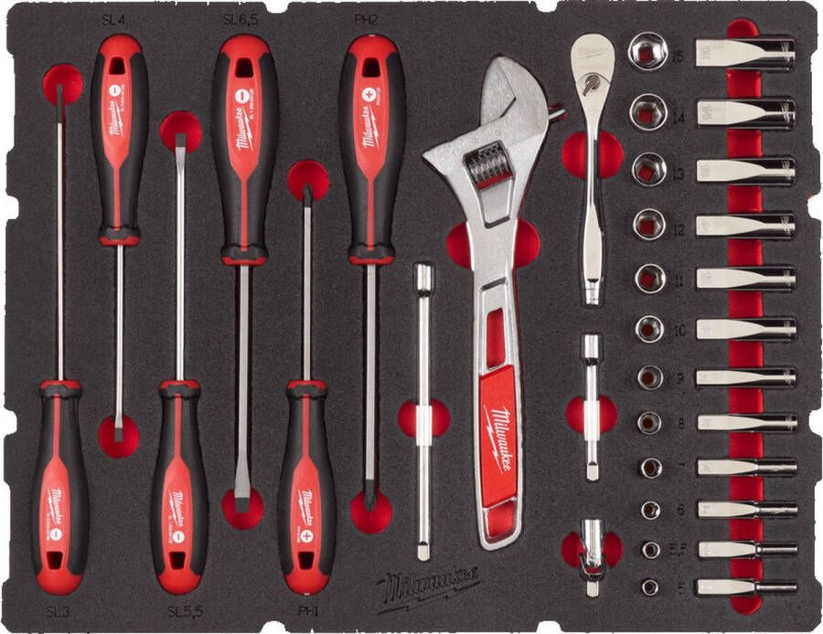 Milwaukee ¼˝ Gereedschapset inclusief ratel in PACKOUT™ Schuiminzetstuk 35-delig 4932480717