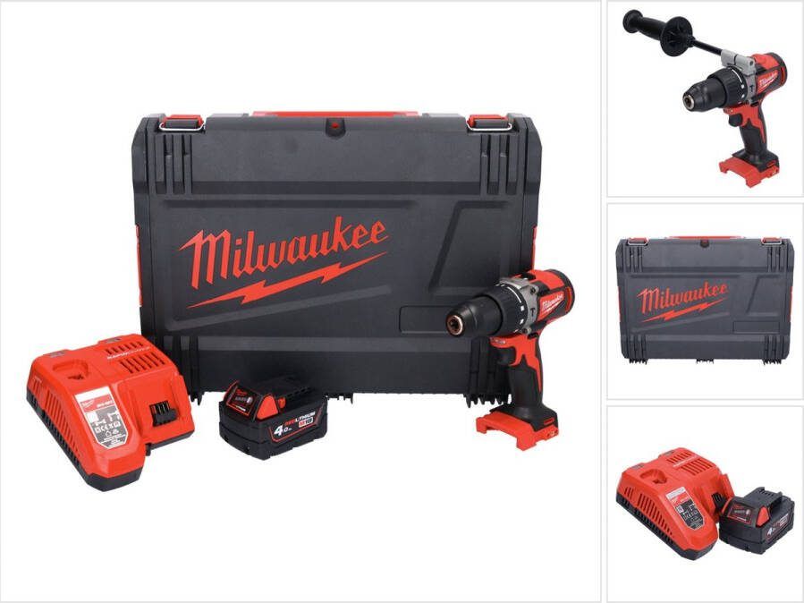 Milwaukee M18 BLPD2-401X accu klopboormachine 18 V 82 Nm borstelloos + 1x oplaadbare accu 4.0 Ah + lader + HD doos