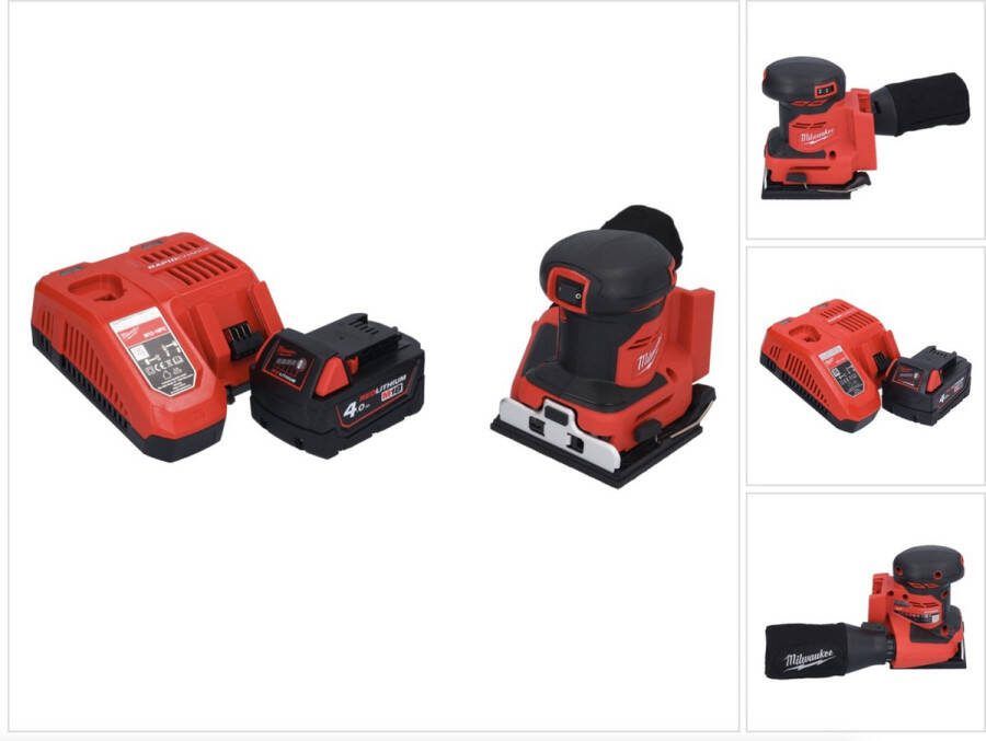 Milwaukee M18 BQSS-401 accu vlakschuurmachine 18 V 113 x 104 mm borstelloos + 1x oplaadbare accu 4.0 Ah + lader