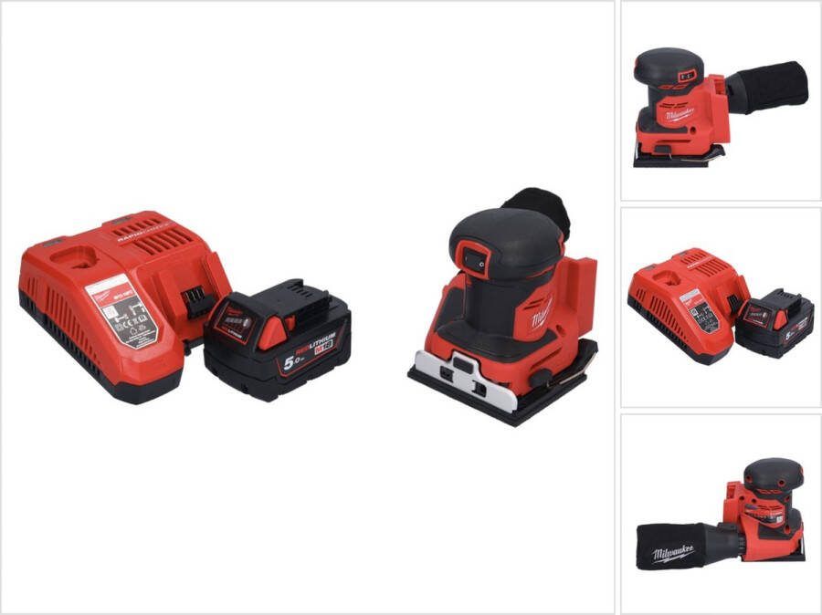Milwaukee M18 BQSS-501 accu vlakschuurmachine 18 V 113 x 104 mm borstelloos + 1x oplaadbare accu 5.0 Ah + lader