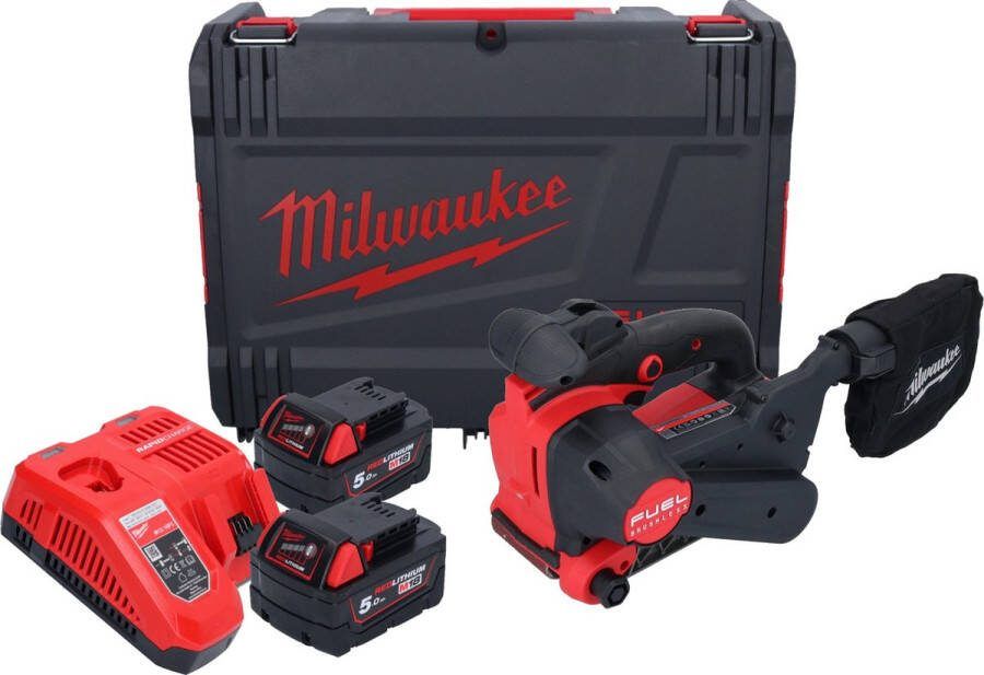 Milwaukee M18 FBTS75-502X accu bandschuurmachine 18 V 75 x 457 mm borstelloos + 2x accu 5.0 Ah + lader + HD box