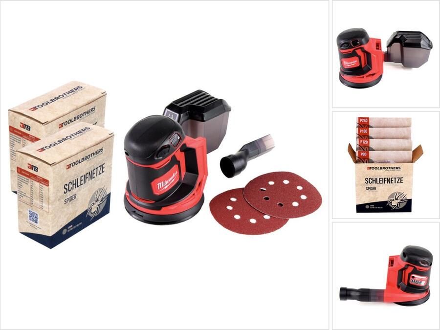 Milwaukee 2x Toolbrothers SPIDER schuurnetset 125mm + M18 BOS125-0 accu excentrische schuurmachine 18V 125mm solo zonder accu zonder lader