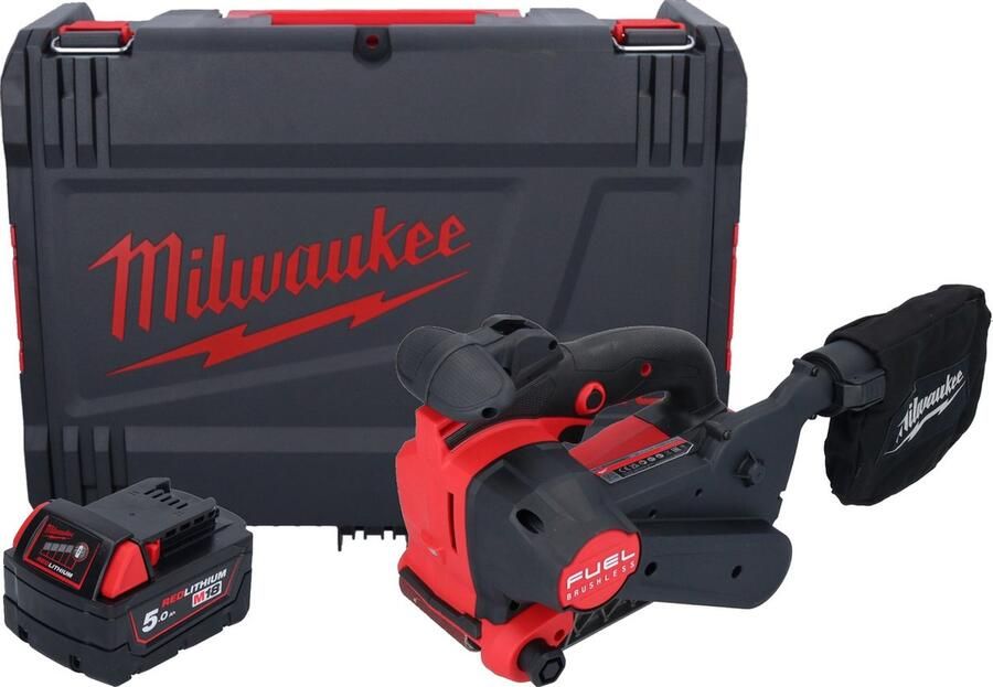 Milwaukee M18 FBTS75-501X accu bandschuurmachine 18 V 75 x 457 mm borstelloos + 1x accu 5.0 Ah + HD box zonder lader