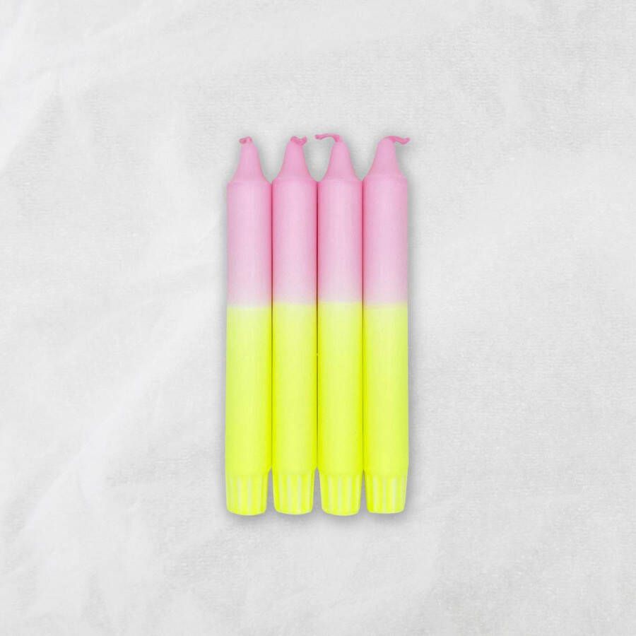 MingMing Bubblegum & Neon Geel Dip Dye Kaarsen set van 4 handgemaakte kaarsen dinerkaarsen