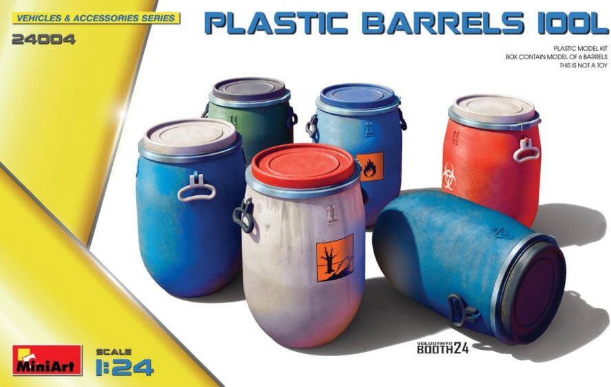 MiniArt 1:24 24004 Plastic Vaten Drums 100 Liter 6 Vaten voor Diorama Plastic Modelbouwpakket