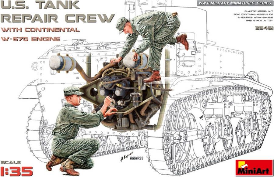 MiniArt 1:35 35461 U.S. Tank Repair Crew w Continental W-670 Engine Plastic Modelbouwpakket