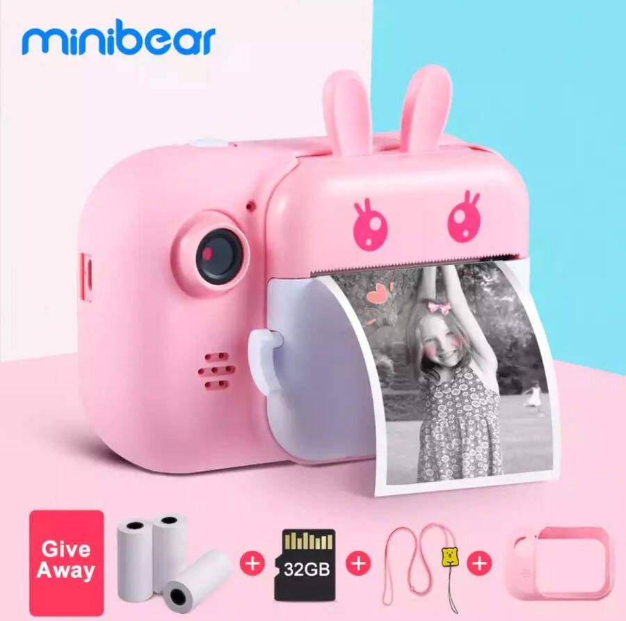 Minibear 4 in1 Digitale kindercamera 24MP HD Dual Lens 1080p Instant Print Selfie Video Roze