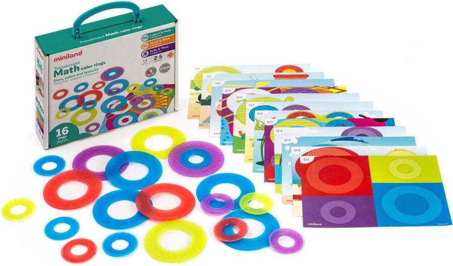 Miniland ML Transparant: MATH COLOR RINGS diam.9cm doorzichtig geschikt voor lightpad 16 ringen en 4 speelkaarten 2+