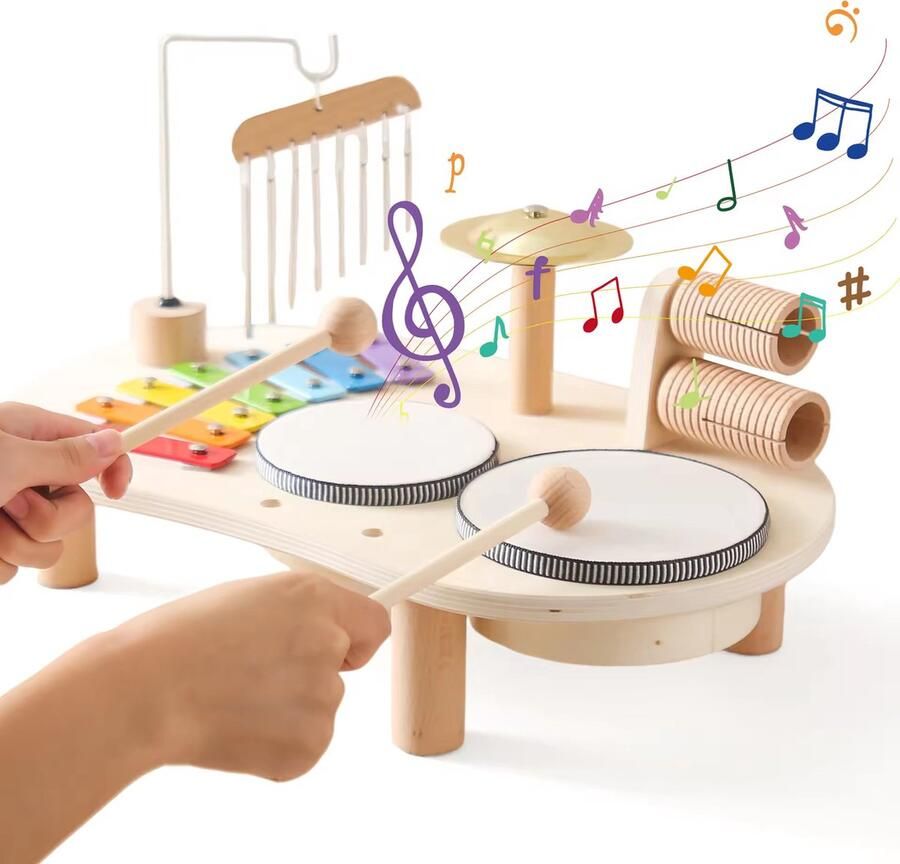 MiniMundo Kinder Drumstel Muziekinstrument Voor Kinderen Educatief Speelgoed Houten Montessori Speelgoed Speeltafel Muziekinstrument Kinderen 6-in-1 Speelgoed
