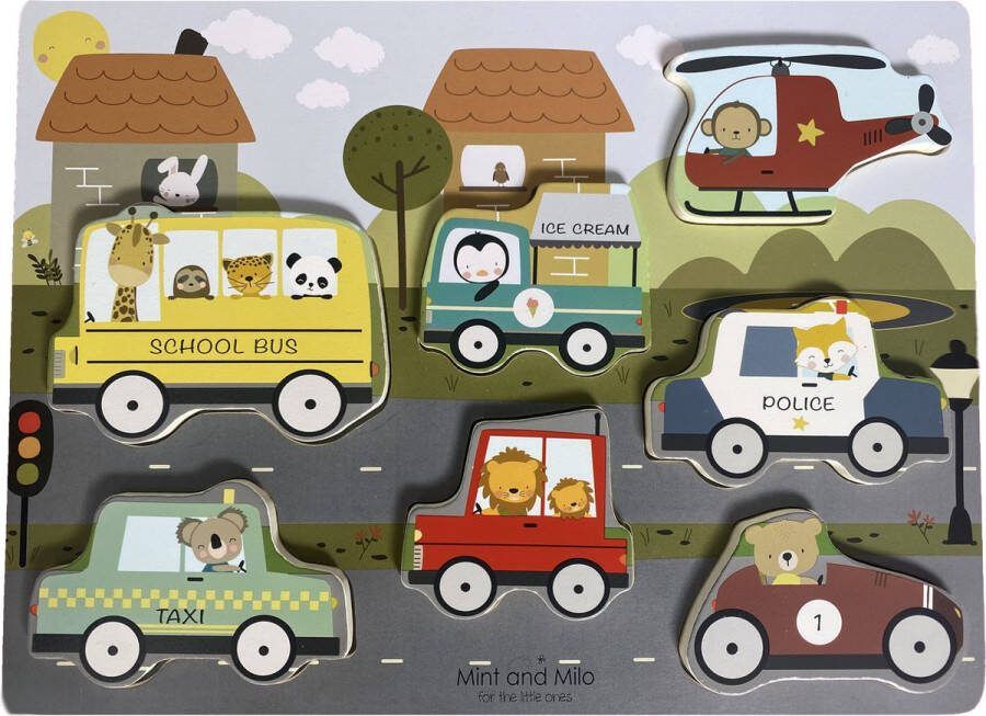 Mint and Milo Houten voertuigen puzzel HOUTEN VOERTUIGEN PUZZEL MET DIEREN HOUTEN VORMENPUZZEL MET AUTO'S Houten auto puzzel Houten puzzel vanaf 2 jaar Educatief speelgoed