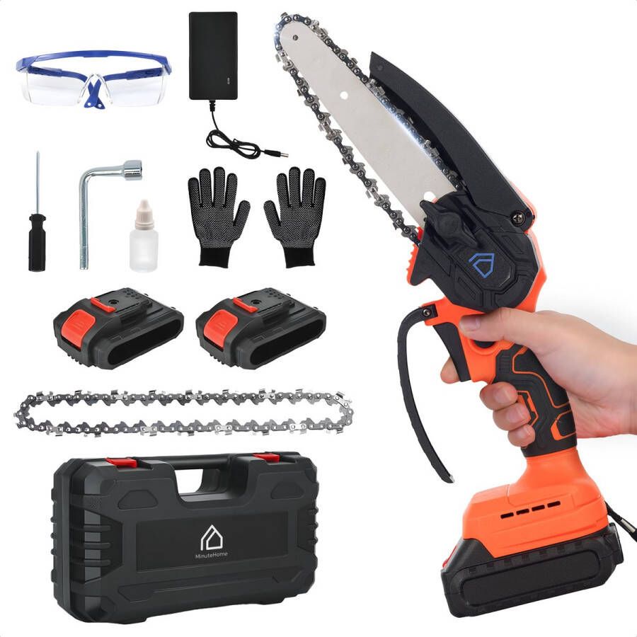 MinuteHome Professionele 6-Inch Brushless Mini Kettingzaag Draadloos met 2 Krachtige Batterijen Lichtgewicht en Draagbaar Inclusief Accessoires en Veiligheidskit Oranje