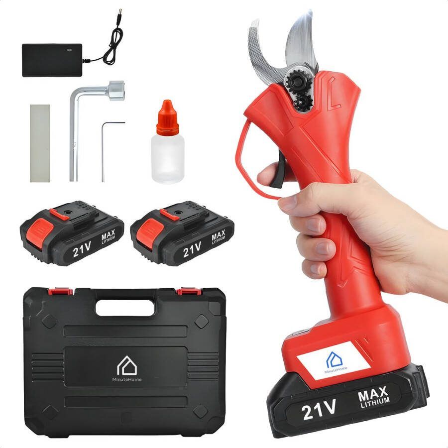 MinuteHome Professionele Elektrische Snoeischaar Lichtgewicht met 2x Accu en 30mm Knipdiameter Inclusief Koffer & 5 Jaar Garantie Ideaal voor Tuinieren en Heggen