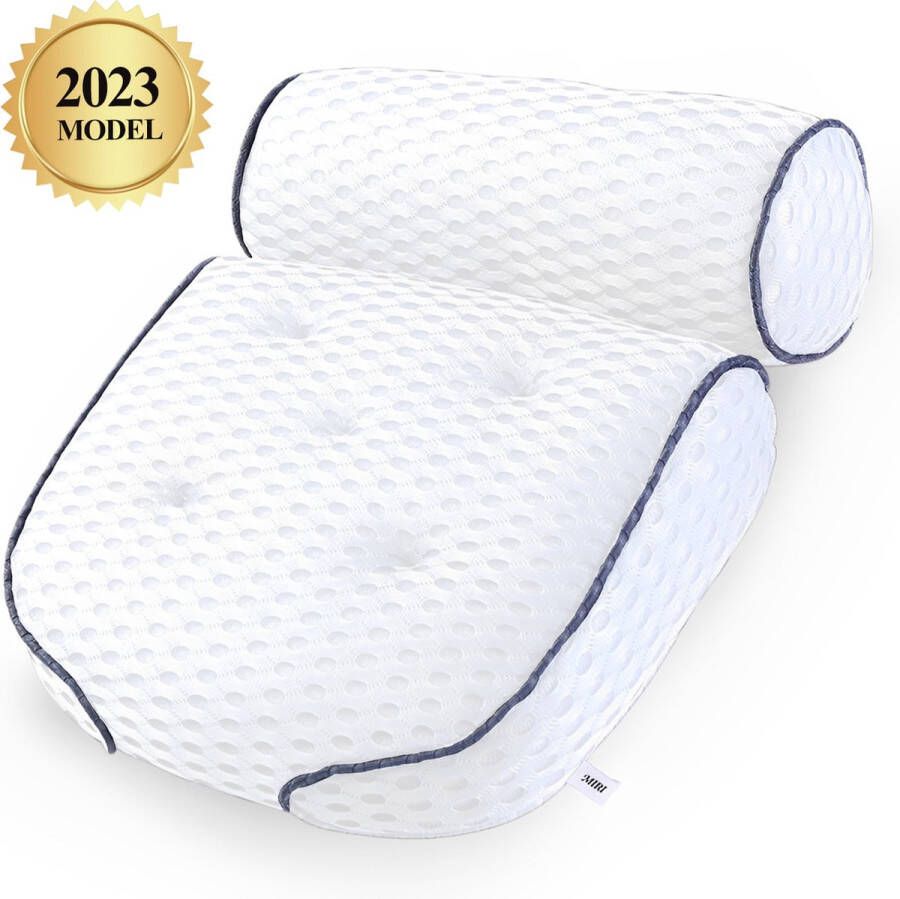 MIRI Badkussen –【4D Mesh】– 6 Zuignappen – Ergonomisch – Orthopedisch – Nekkussen – Hoofdsteun – Anti-Slip – Wit – Extreen Comfortabel – Wasbaar