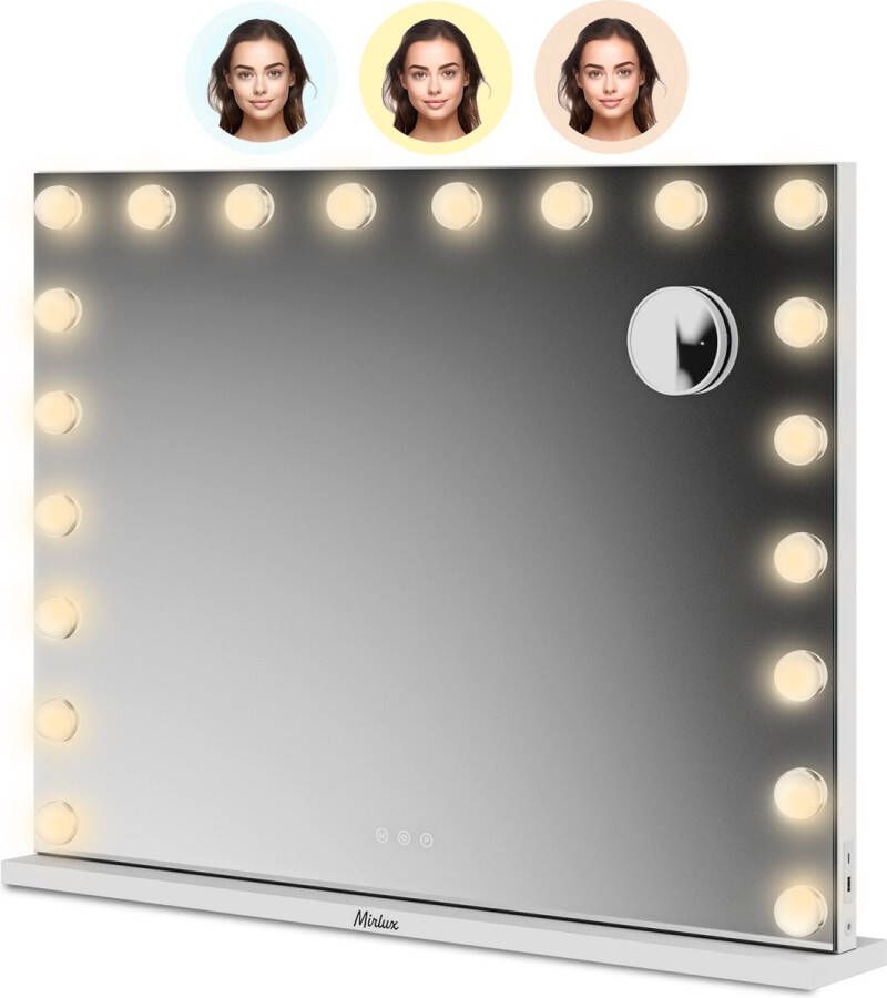 Mirlux Hollywood Make Up Spiegel LED Bluetooth Speakers 10x Zoom Ophangbaar Wit 80x60cm