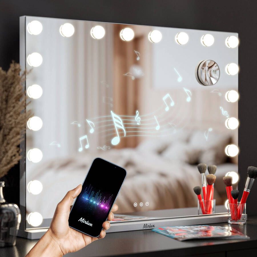 Mirlux Hollywood Make Up Spiegel LED Verlichting Bluetooth Speakers 10x Zoom Ophangbaar Wit 80x60cm