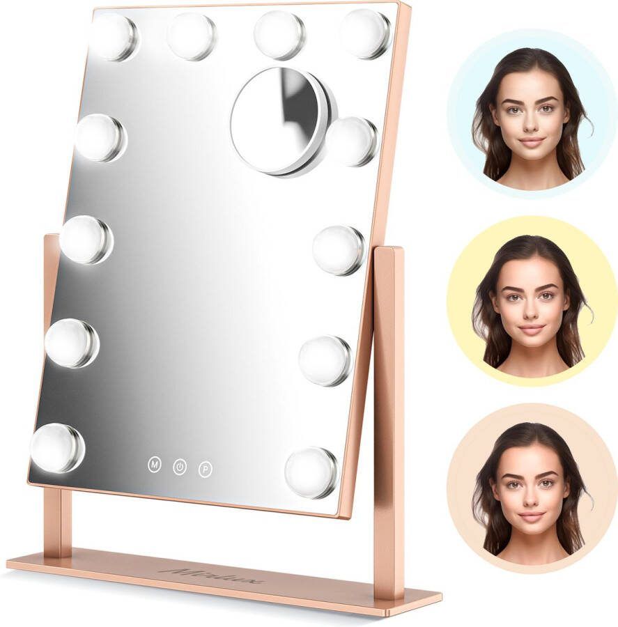 Mirlux Make Up Hollywood Spiegel met Verlichting Visagie Dimbaar LED Lampen Licht 12 Lampen Rosé Goud