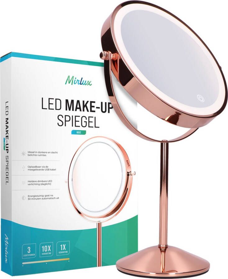 Mirlux Make Up Spiegel met LED Verlichting 10x Vergroting – Scheerspiegel 3 Lichtstanden Oplaadbaar Rosé Goud