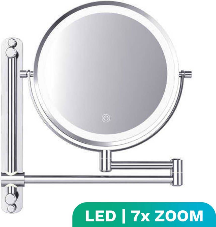 Mirlux Make Up Spiegel met Led Verlichting 7X Vergroting Wandspiegel Rond Scheerspiegel Wandmodel Badkamer Douche Chroom