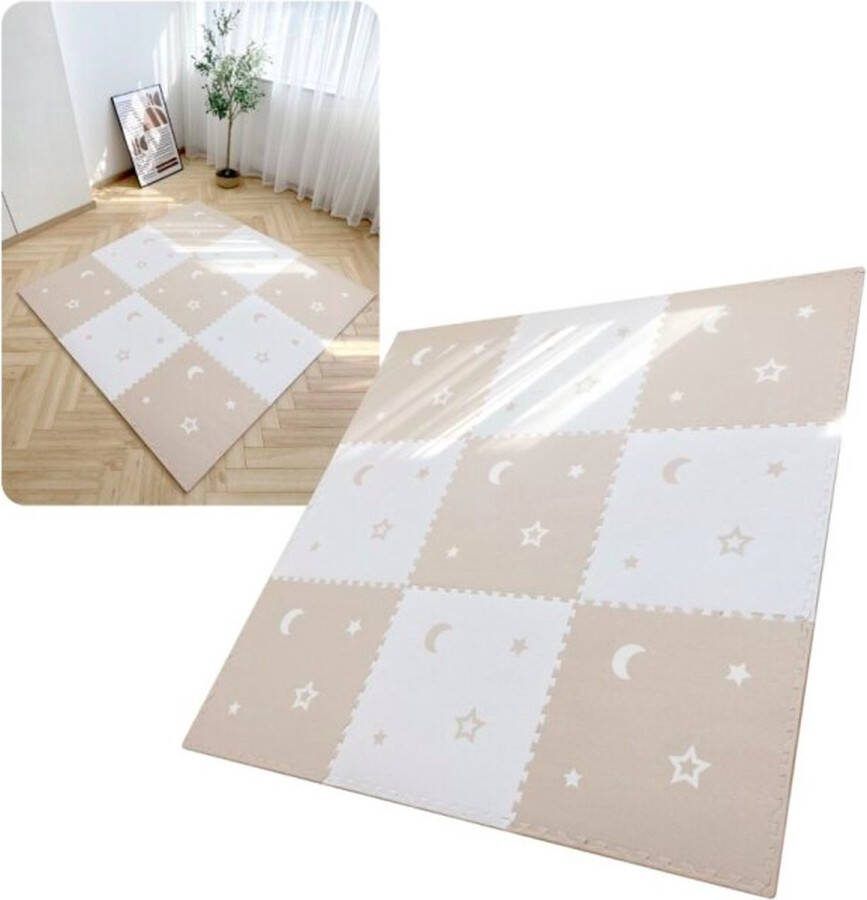 MIRO. MIRO Speelmat Baby Kinderen Kruipmat Puzzelmat Speelkleed Sterretje & Maan XL Extra Dik Foam 180 x 180 CM 9 Tegels Beige