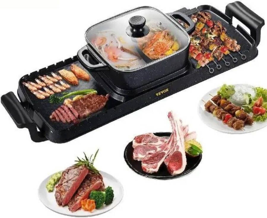 MiShar 2 in 1 Hotpot Pan Hotpot Elektrisch Elektrische BBQ Chinese Fondue Gourmetstel 2400W Zwart Kookpot -Grill
