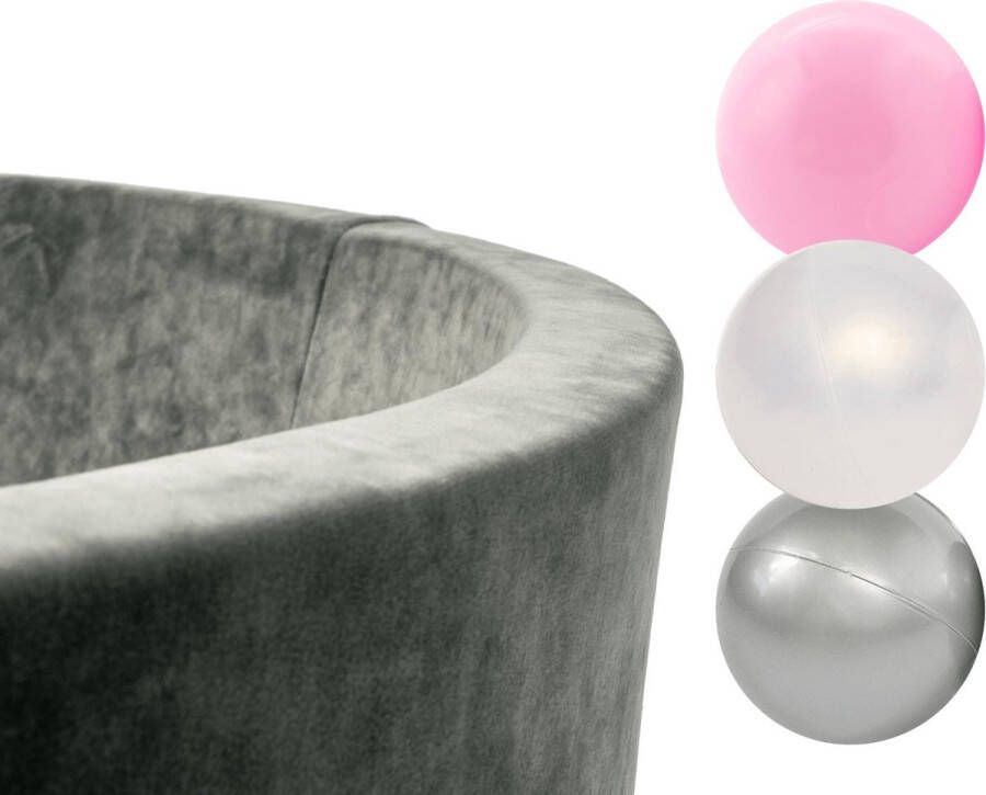Misioo Ballenbak Rond 90x30 Velvet Grijs incl. 150 ballen Pear Silver en Light Pink