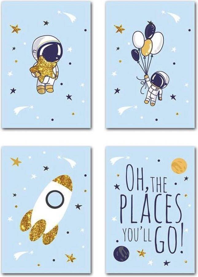 Misk Products Astronaut Prints | Kinderkamer Decoratie Jongens | A4 Formaat | 4 Stuks | Jongenskamer Decoratie | Posters | Ruimtevaart | Wanddecoratie | Kinder Posters