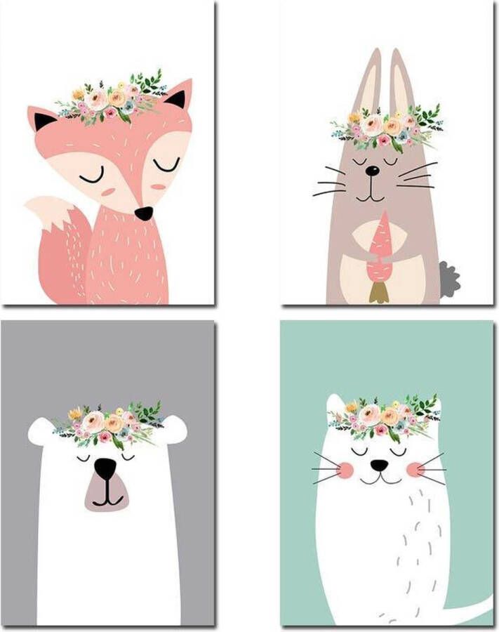 Misk Products Cartoon Dieren Prints | A4 Formaat | 4 Stuks | Kinderkamer Decoratie Jongens Meisjes | Kinderkamer Posters | Kinder Wanddecoratie | Kinder Posters