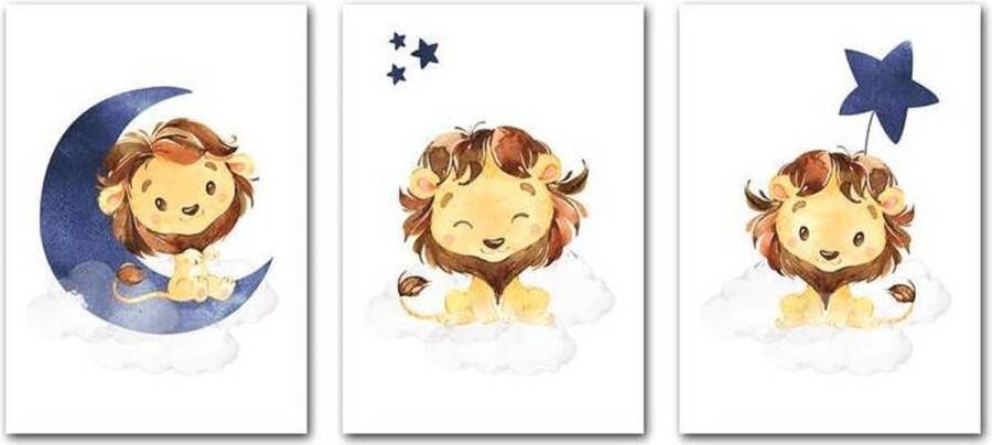 Misk Products Cartoon Leeuw Prints | A4 Formaat | 3 Stuks | Kinderkamer Decoratie Jongens Meisjes | Kinderkamer Posters | Kinder Wanddecoratie | Kinder Posters