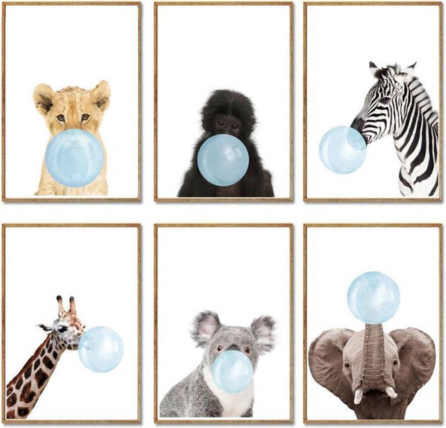 Misk Products Safari Dieren met Kauwgombal Prints | A4 Formaat | 6 Stuks | Kinderkamer Decoratie Jongens Meisjes | Kinderkamer Posters | Kinder Wanddecoratie | Kinder Posters