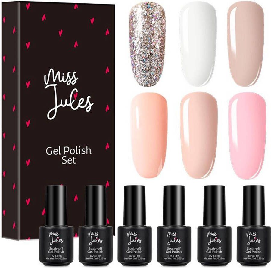 Miss Jules 6-Delige Gellak Starterspakket Nagellak Kleur Nude & Glitter Glanzend & Dekkend resultaat