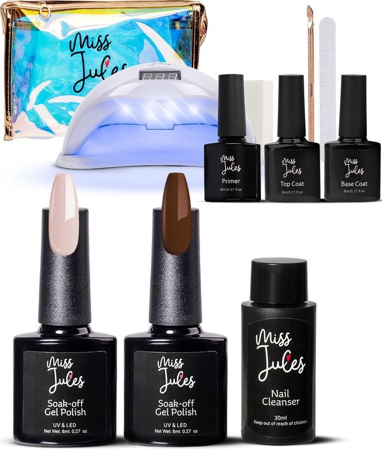 Miss Jules Complete Gellak Starterspakket Kleur Creme Bruin Glanzend & Dekkend resultaat HEMA & TPO Free Inclusief UV LED lamp & Instructievideo (NL)