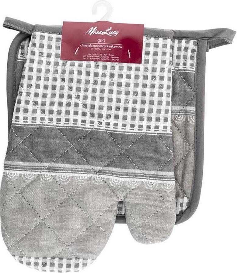 MissLucy Miss Lucy Grid set van 2 ovenwanten Ovenhandschoenen Pan lap Keuken textiel Keukenhandschoen Grijs