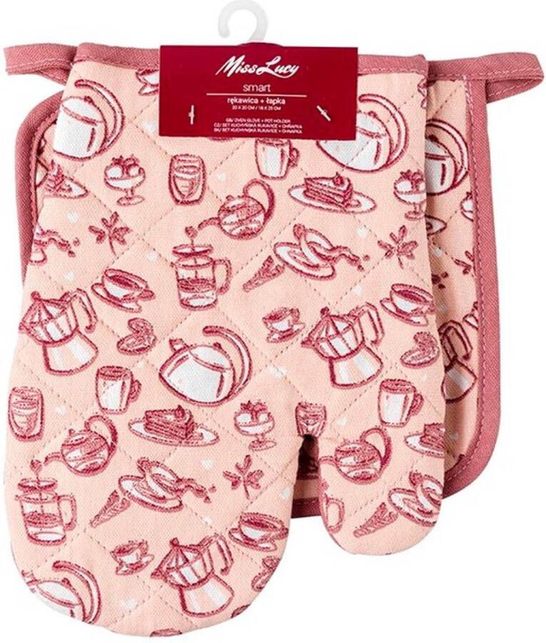 MissLucy Miss Lucy Smart set van 2 ovenwanten Ovenhandschoenen Pan lap Keuken textiel Keukenhandschoen Roze