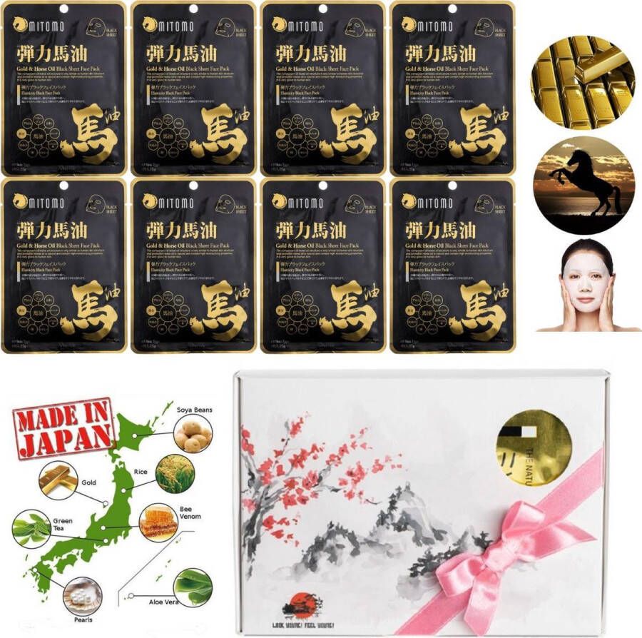 Mitomo Japan Gold & Horse Oil Beauty Face Mask Giftbox Japanse Skincare Rituals Gezichtsmaskers met Geschenkdoos Masker Geschenkset voor Vrouwen 8-Pack