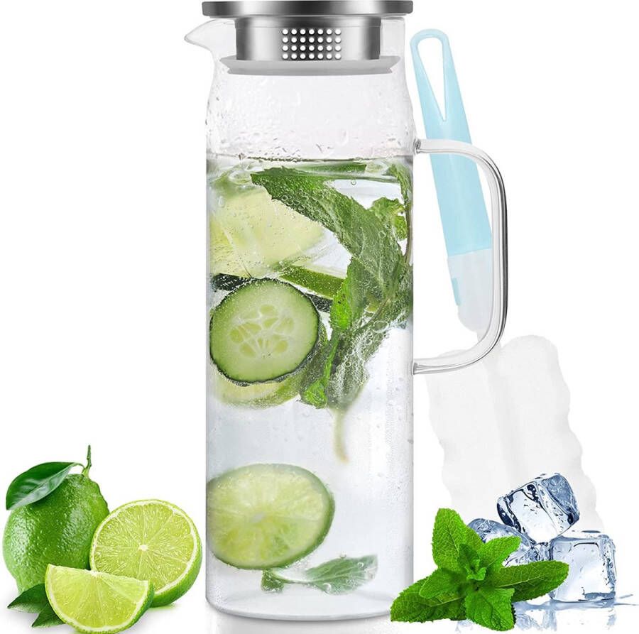Miudeco Karaf 1 5 liter waterkan met gesloten deksel glazen kan voor warm koud water ijsthee en sap (met hoofdborstel)