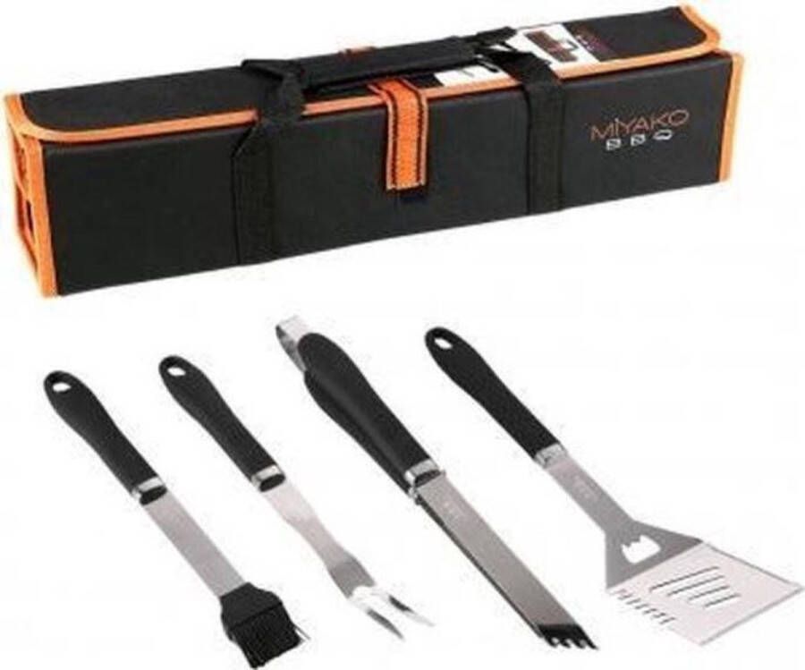 MIYAKO BBQ Barbecueset Luxe 5 delig voor de BBQ 1 x grillspatel met flesopener 1 x grilltang 1 x marinade borstel 1 x RVS vleesvork 1 x bbq schoonmaakborstel 1 x opvouwbare tas met klitteband