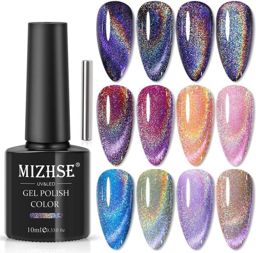 MIZHSE Universele Rainbow Cat Eye Gel Polish Holografische 9D Cat Eye Nagellak Sparkle Nail Gel Polish met Magnetische Pen Vernis Nail Art Nail Slon Manicure 1 Fles 10ml (0.33fl.oz)