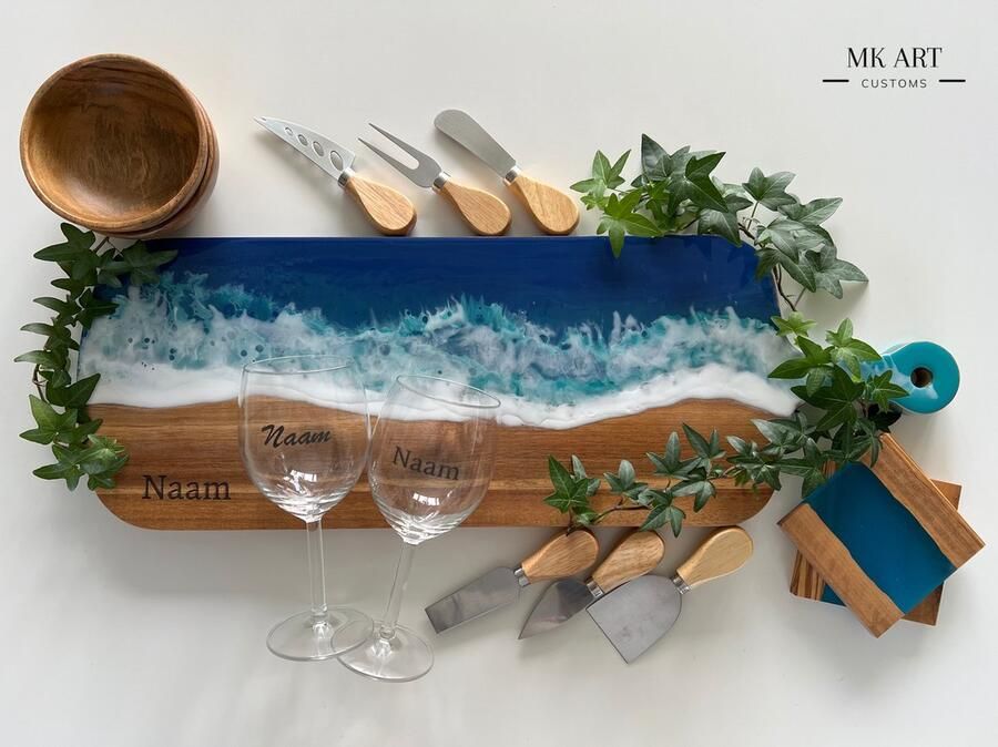 MK Art Customs Gepersonaliseerde Epoxy Borrelplank Zakynthos Deluxe Bundel Handgemaakt met Gravering Uniek Geschenk