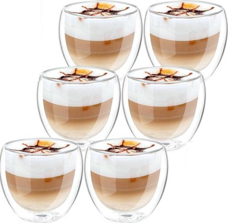 Mkitnvy Dubbelwandige glazen dubbelwandige koffieglazen koffiekopjes glas thermoglazen espressokopjes glas set van 6 (250ml)