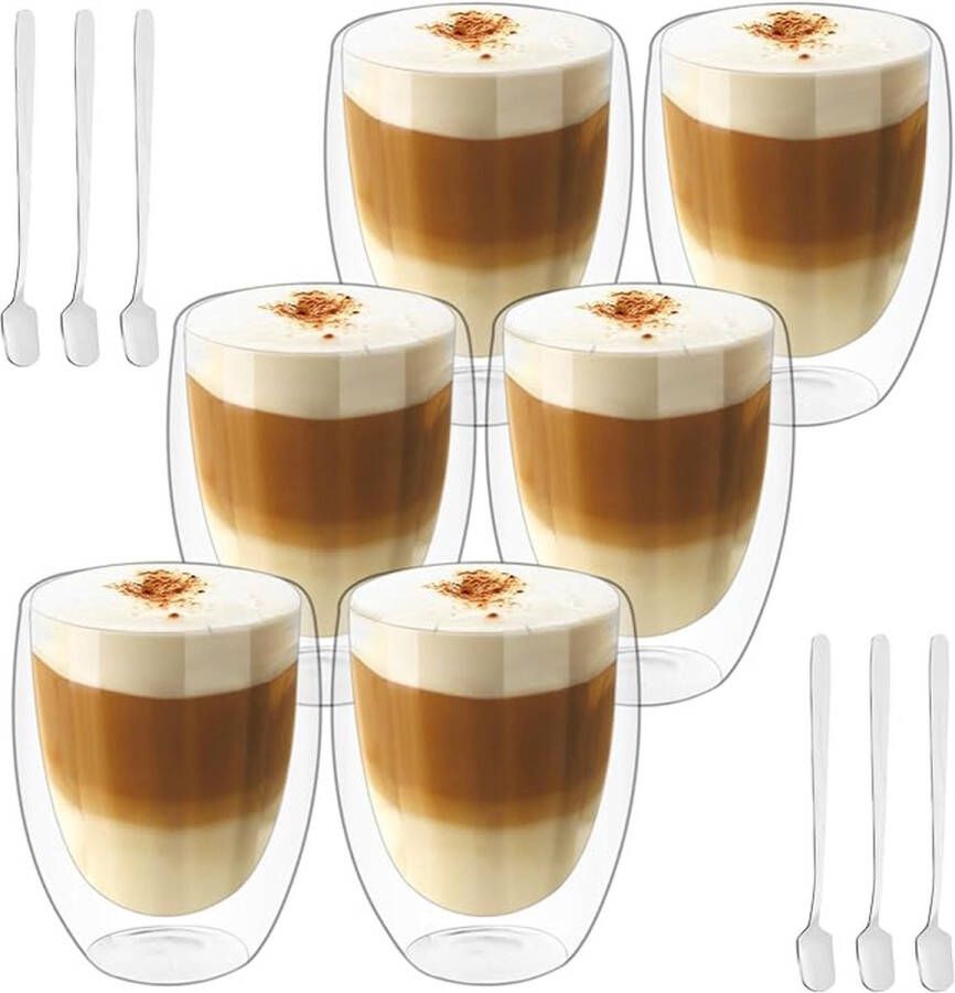 Mkitnvy Latte macchiato glazen dubbelwandige glazen cappuccinoglazen thermoglazen espressokopjes glas set van 6 (350 ml)