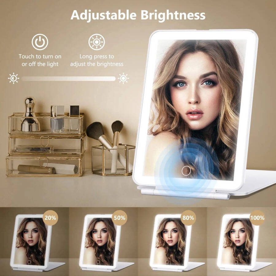 MKL Products LED Reisspiegel met oplaadbare LED verlichting opvouwbaar make up spiegel klapspiegel tas-spiegel wit cosmetica spiegel