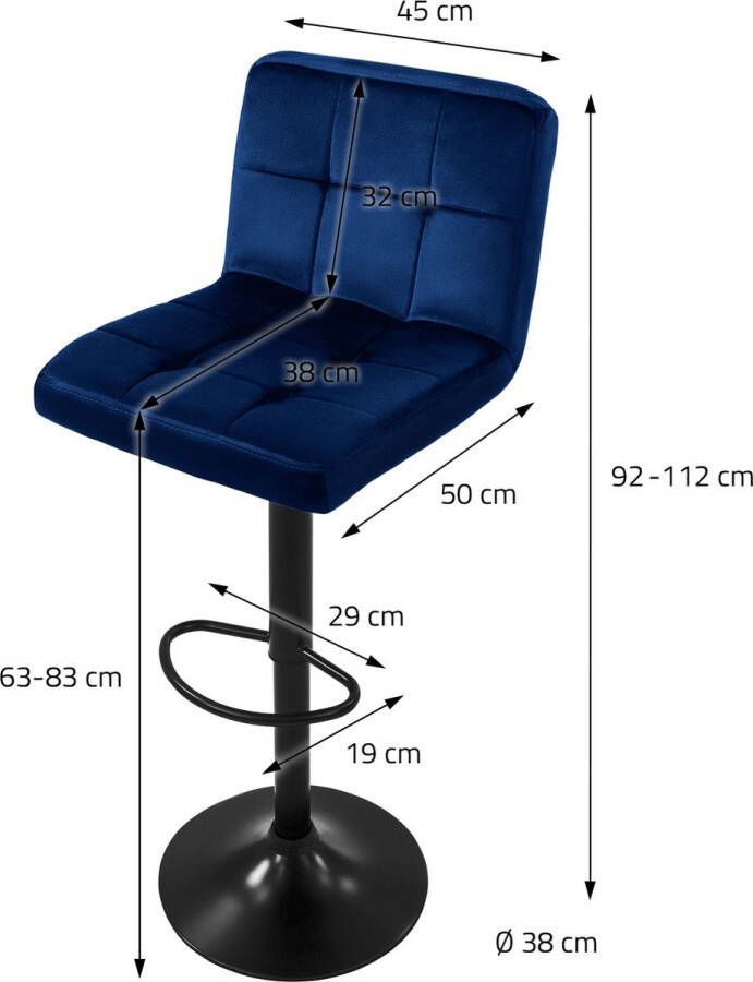 ML-Design Barkruk set van 2 blauw fluwelen bekleding met rugleuning en voetensteun in hoogte verstelbaar 63-83cm