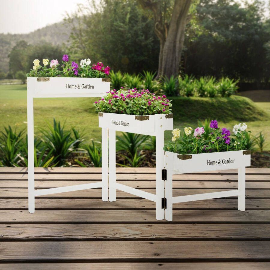 ML-Design Bloemenstandaard 3 Etages Wit Hout 111cm Bloembak 32x16x7cm Inklapbaar