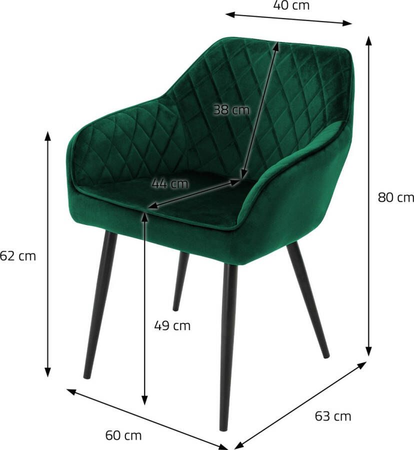 Ml-design ECD Germany Set van 6 Eetkamerstoelen met Armleuningen en Rugleuning Donkergroen Keukenstoel met Fluwelen Bekleding Gestoffeerde Stoel met Metalen Poten Ergonomische Stoel voor Eettafel