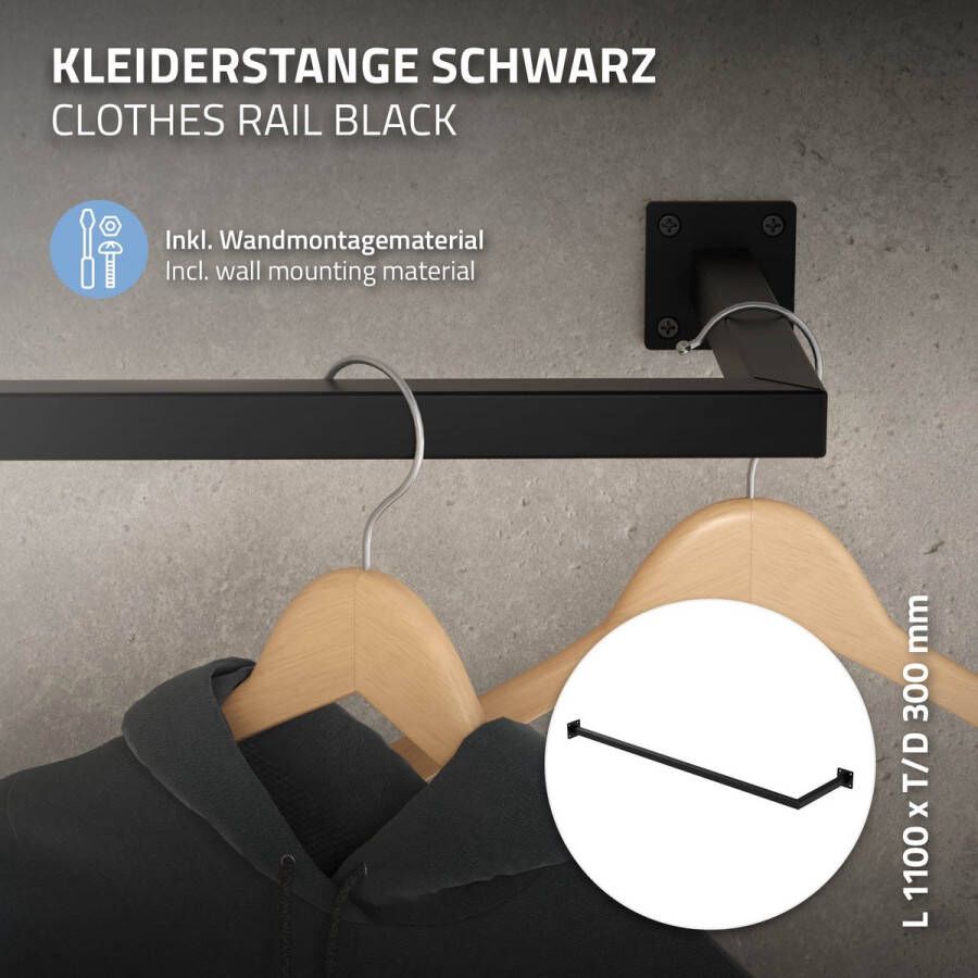 Ml-design Kapstok voor wandmontage D30cm x B110cm zwart gemaakt van staal roestvrij L-vormige kapstok wandgarderobe kapstok incl. bevestigingsmateriaal