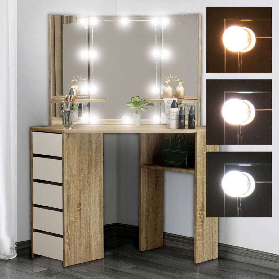 ML-Design Hoek Kaptafel Sonoma Met Led Verlichting 3 Spiegels Zwart Krukje 5 Laden & 3 Legplanken