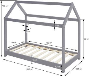 Ml-design Kinderbed met dak en lattenbodem 80x160 cm Lichtgrijs grenen hout